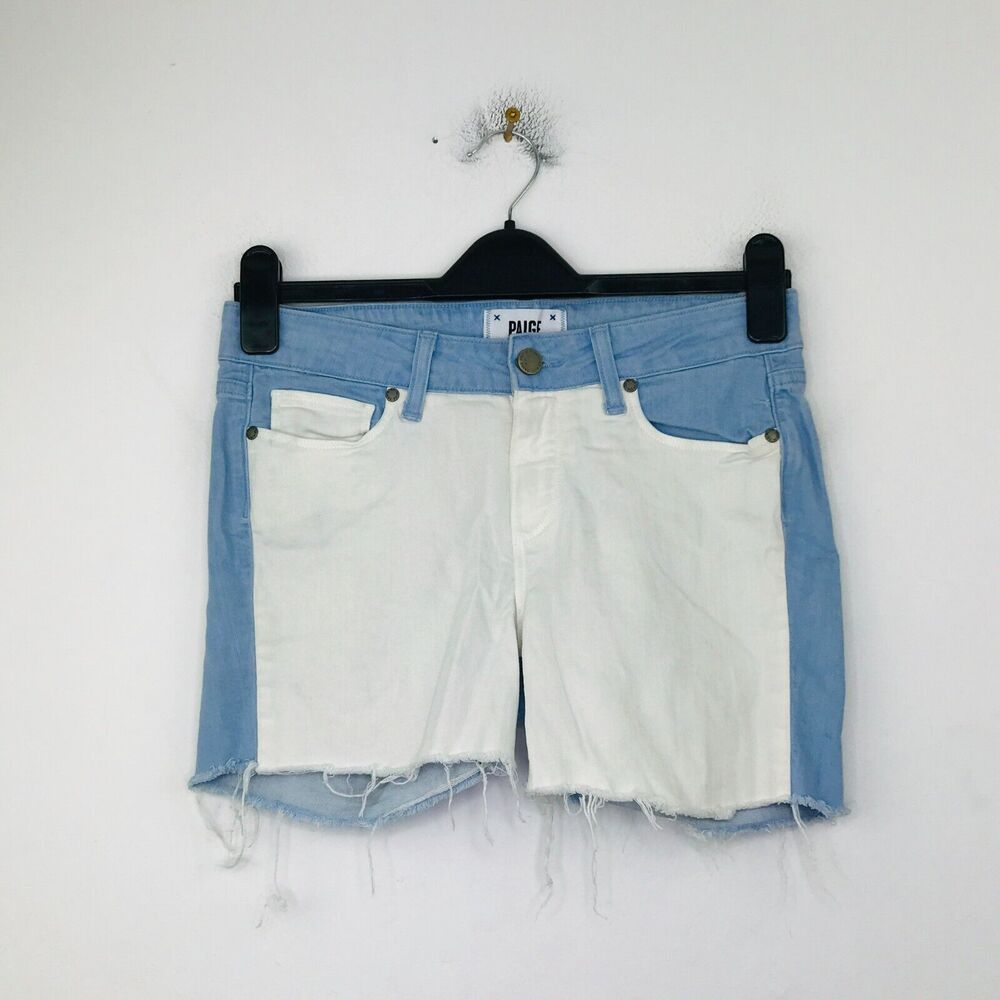 Paige Women's 28 Denim Shorts Blue White Colorblock Mid Rise Cut-Off CD29